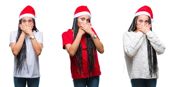Κολάζ από όμορφη αφρικανική αμερικανική γυναίκα που φοράει καπέλο Χριστουγέννων πέρα από το απομονωμένο υπόβαθρο σοκαρισμένος που καλύπτουν το στόμα με τα χέρια για το λάθος. Μυστική έννοια. - Φωτογραφία, εικόνα