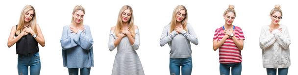 Collage of young beautiful blonde woman over isolated background smiling with hands on chest with closed eyes and grateful gesture on face. Health concept. - Photo, Image