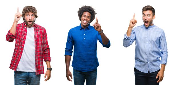 Collage einer Gruppe afrikanisch-amerikanischer und hispanischer Männer mit isoliertem Hintergrund, die mit erhobenem Zeigefinger auf eine erfolgreiche Idee hinweisen. aufgeregt und glücklich. Nummer eins. - Foto, Bild
