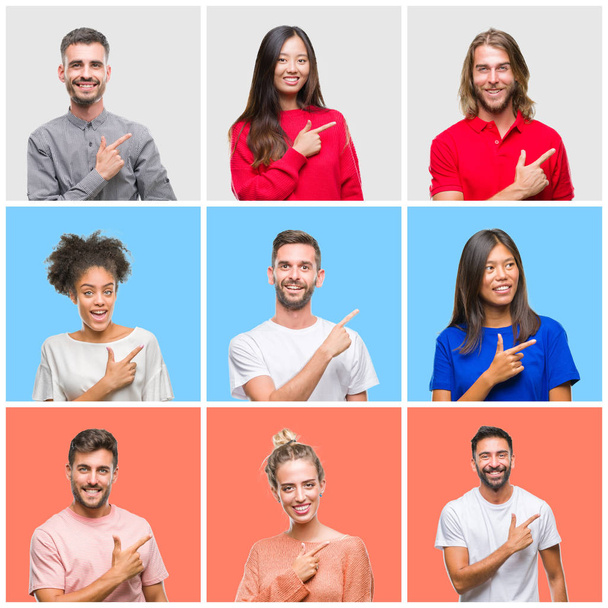 Collage of group of young people over colorful isolated background cheerful with a smile of face pointing with hand and finger up to the side with happy and natural expression on face looking at the camera. - Photo, Image