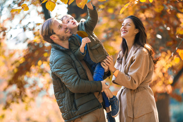 Молодая семья веселится в осеннем парке со своим сыном
. - Фото, изображение