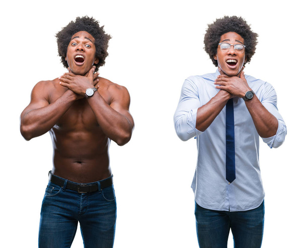 Collage of african american shirtless and business man over isolated background shouting and suffocate because painful strangle. Health problem. Asphyxiate and suicide concept. - Fotó, kép
