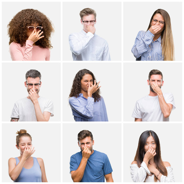 Collage of group of young people woman and men over white solated background smelling something stinky and disgusting, intolerable smell, holding breath with fingers on nose. Bad smells concept. - Photo, Image