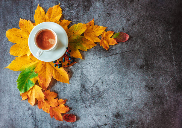 Tasse de café et feuilles d'automne jaunes sur un fond gris foncé. Photo ci-dessus. Automne nature morte. Fusillade. Modèle de feuille
 - Photo, image