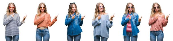Young beautiful young woman wearing casual look over white isolated background smiling and looking at the camera pointing with two hands and fingers to the side. - Photo, Image