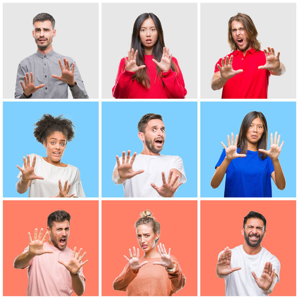 Collage einer Gruppe junger Menschen vor farbenfrohem isoliertem Hintergrund, verängstigt und verängstigt mit ängstlichem Ausdruck, Geste mit Händen stoppen und schockiert schreien. Panikkonzept. - Foto, Bild