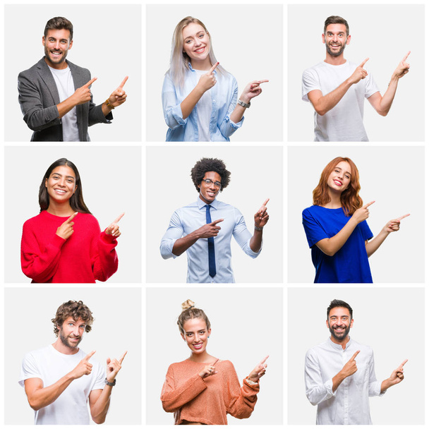 Collage einer Gruppe junger Menschen, Frauen und Männer vor isoliertem Hintergrund, die lächelnd in die Kamera blicken und mit zwei Händen und Fingern zur Seite zeigen. - Foto, Bild