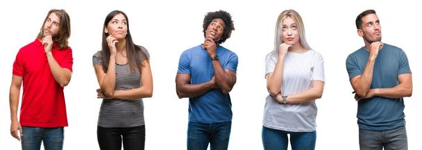 Composition of african american, hispanic and caucasian group of people over isolated white background with hand on chin thinking about question, pensive expression. Smiling with thoughtful face. Doubt concept. - Photo, Image