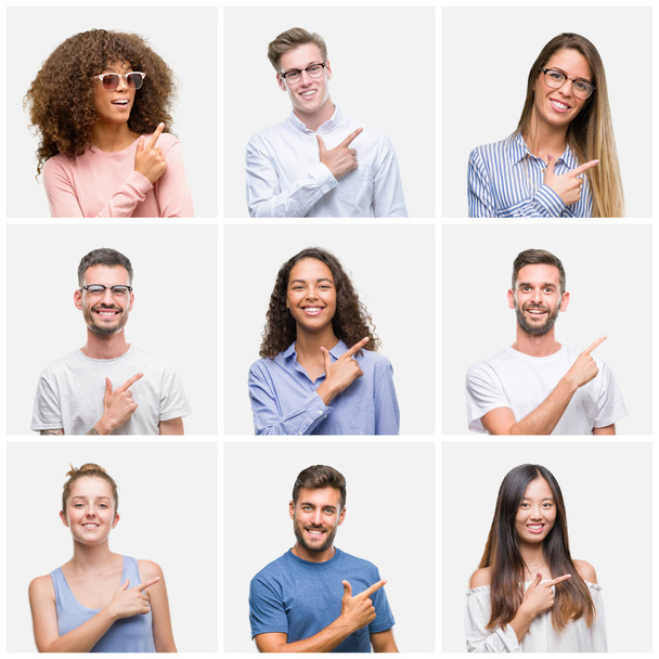 Collage van groep jongeren vrouw en mannen in witte solated achtergrond vrolijke met een glimlach van het gezicht wijzen met hand en de vinger aan de kant met gelukkig en natuurlijke uitdrukking op het gezicht kijken naar de camera. - Foto, afbeelding