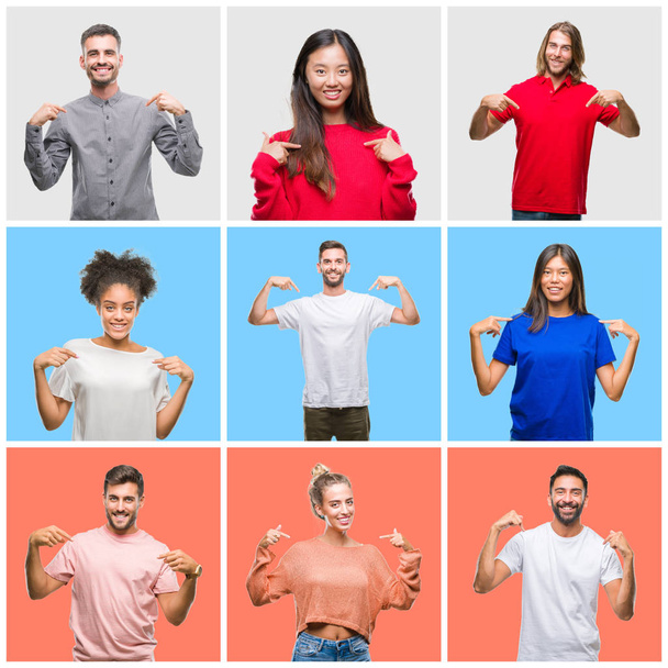 Collage of group of young people over colorful isolated background looking confident with smile on face, pointing oneself with fingers proud and happy. - Foto, imagen