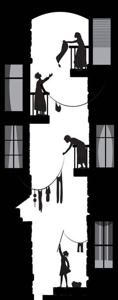 jezdzace życia miasta, rozmowy sąsiadów kobiet, rano dialogi na balkonach, - Wektor, obraz