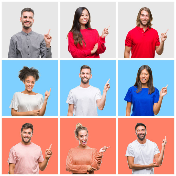 Collage of group of young people over colorful isolated background with a big smile on face, pointing with hand and finger to the side looking at the camera. - Photo, Image