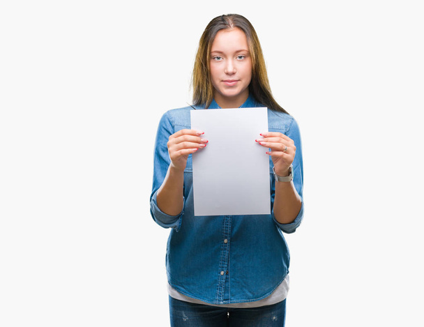 Young caucasian woman holding blank paper sheet over isolated background with a confident expression on smart face thinking serious - Zdjęcie, obraz