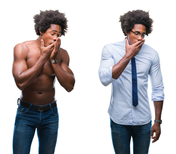 Collage aus Afroamerikanern ohne Hemd und Geschäftsmann vor isoliertem Hintergrund gelangweilt gähnend müden Mund mit der Hand bedecken. Ruhelos und schläfrig. - Foto, Bild