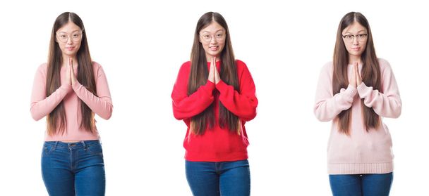 Fiatal gyönyörű kínai nő felett imádkozott együtt kér bocsánatot mosolyogva magabiztos kézzel elszigetelt háttér kollázs. - Fotó, kép