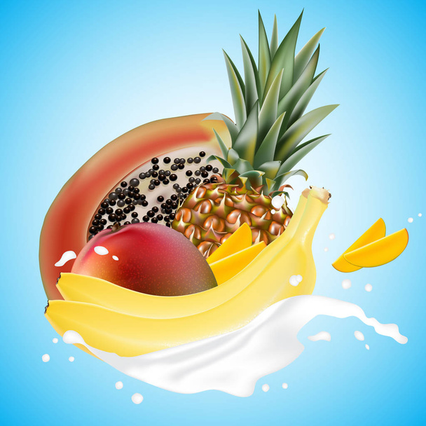Tej splash 3D-s illusztráció, papaya, mangó, ananász, banán csökkenő szelet. Krém szakadó hullám joghurt csomagolás sablon. Reális ökológiai gyümölcs tejtermék. Vektoros illusztráció Eps10.  - Vektor, kép