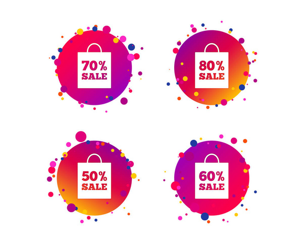 Sale bag tag icons. Discount special offer symbols. 50%, 60%, 70% and 80% percent sale signs. Gradient circle buttons with icons. Random dots design. Vector - Vector, imagen