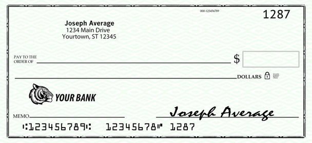 Aquí hay un cheque bancario personal genérico, simulado que es una ilustración. Tiene realismo pero es una burla
. - Foto, imagen