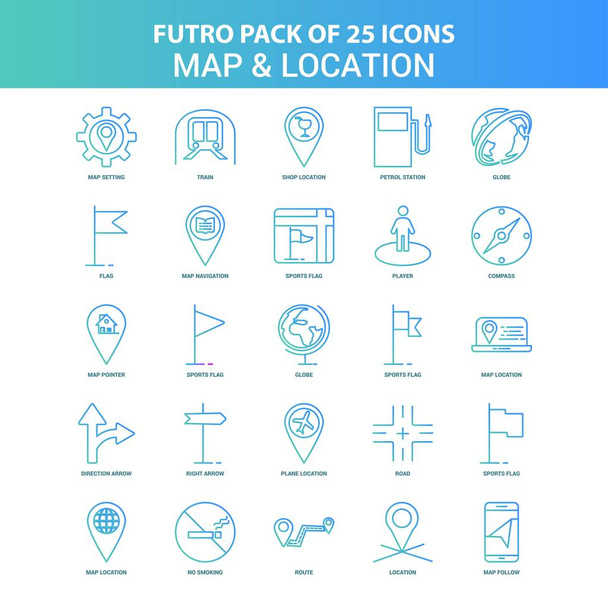 25 zielony i niebieski Futuro mapę i pakiet ikon lokalizacji - Wektor, obraz
