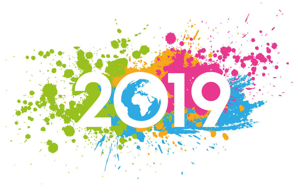 Νέο έτος 2019 ημερομηνία ζωγραφισμένα με πολύχρωμα λεκέδες, παγκόσμιο χάρτη μέσα - Φωτογραφία, εικόνα