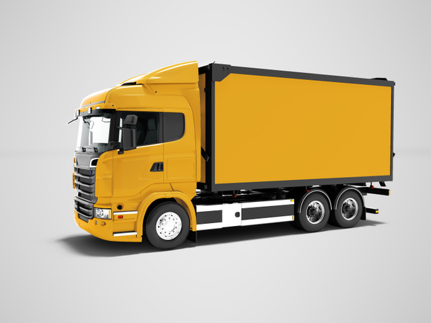 Современный желтый грузовик для перевозки грузов по городу 3D рендерятся на сером фоне с тенью
 - Фото, изображение