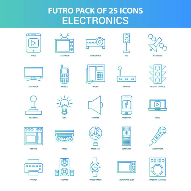 Пак іконок 25 зеленим і синім Futuro електроніки - Вектор, зображення