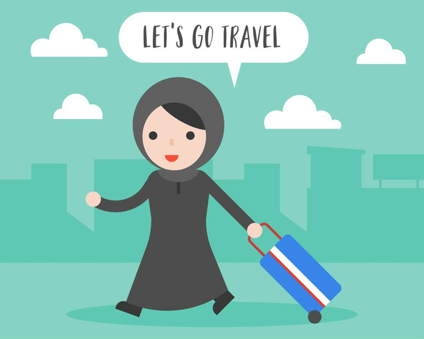 Arap kadın çekme Seyahat Bagaj, seyahat kavramı düz tasarım gidelim - Vektör, Görsel