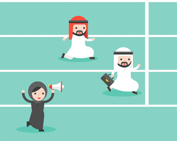 Arab Businesswoman tenant mégaphone remonter le moral de deux homme d'affaires arabe courir dans la bonne voie pour atteindre l'objectif, la concurrence équitable concept d'entreprise design plat
 - Vecteur, image