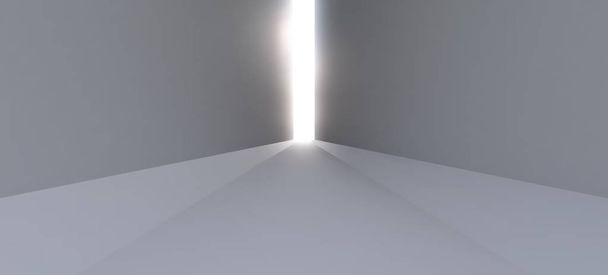 Un largo corredor blanco vacío con rayos de luz al final del camino
 - Vector, Imagen