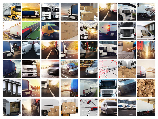 Collage composición con furgonetas y camiones. Concepto de transporte y logística
 - Foto, Imagen
