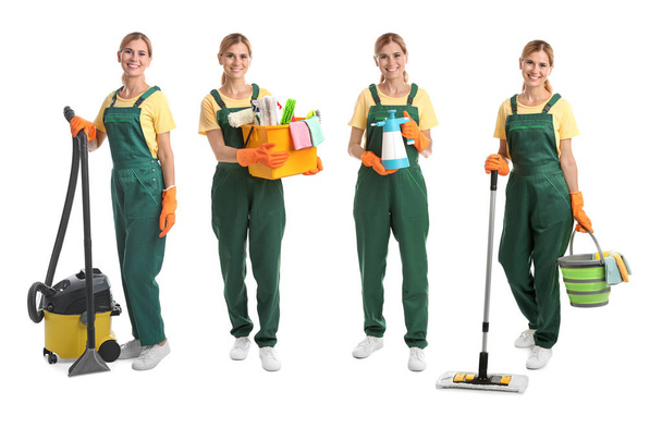 Set with janitor and cleaning equipment on white background - Фото, изображение