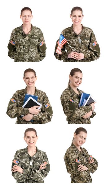 Set with female soldier on white background. Military service - Zdjęcie, obraz