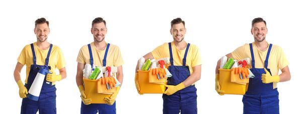 Set with janitor and cleaning supplies on white background - Φωτογραφία, εικόνα
