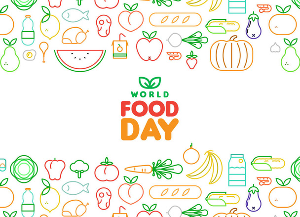 World Food Day greeting card illustration for nutrition and healthy diet with colorful outline style icons. Includes vegetables, fruit, bread, meat. - Vektor, Bild