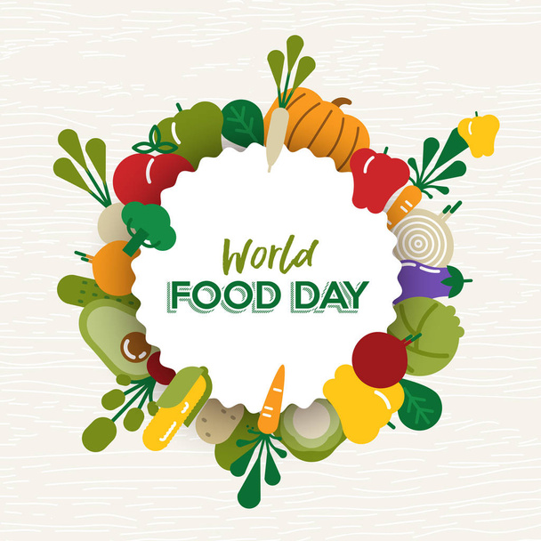 Welternährungstag Grußkarte Illustration für Ernährung und gesunde Ernährung mit bunten flachen Cartoon-Gemüse-Symbolen. - Vektor, Bild