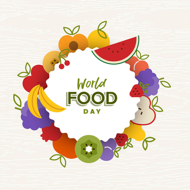 World Food Day greeting card illustration for nutrition and healthy diet with colorful flat cartoon fruit icons. - Vetor, Imagem