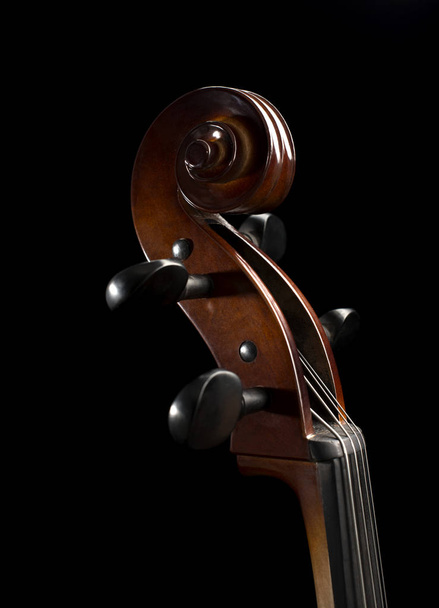 Close up of the scroll on a cello set against a black background - Фото, изображение