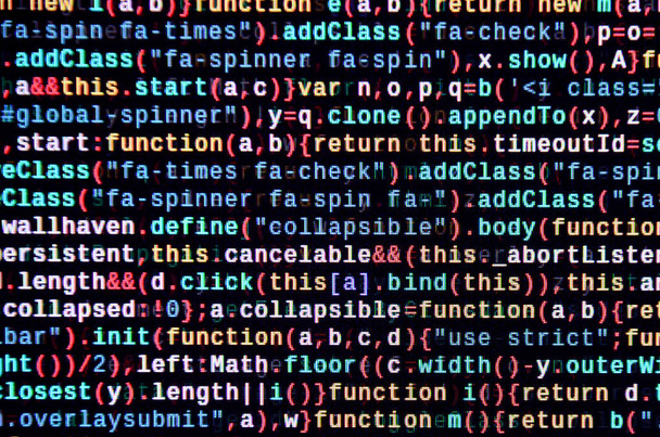 Javascript-Code im Texteditor. Codierung Cyberspace-Konzept. Bildschirm der Web-Entwicklung Javascript-Code. Umsetzung von SEO-Konzepten für eine bessere Schlange. HTML Markup Sprache Nahaufnahme. Website-Design - Foto, Bild