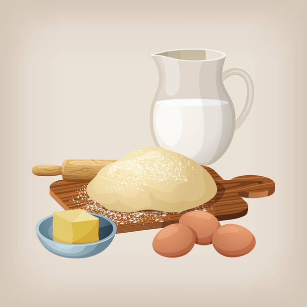 The dough on the board with a rolling pin. Eggs, butter, and milk jug. - Vector, Image