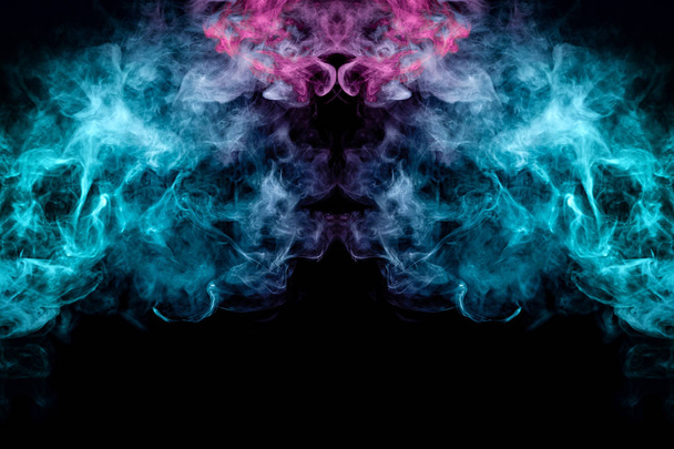 Mocap voor coole t-shirts. Dichte veelkleurige rook van blauwe, paarse en roze kleuren in de vorm van een schedel, monster, dragon op een zwarte achtergrond van de geïsoleerde.  - Foto, afbeelding