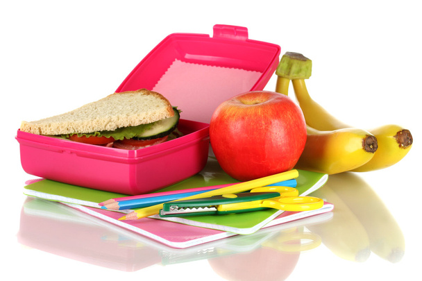 Lunch box with sandwich,fruit and stationery isolated on white - Photo, Image