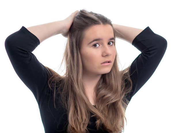 Brunette teenager portrait - isolated on white background - Photo, image