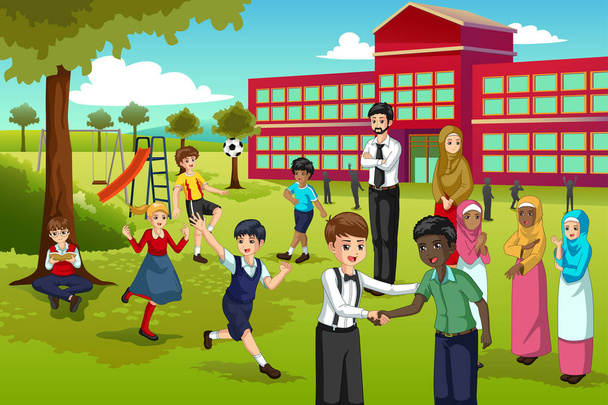 Векторная иллюстрация многонациональных и многообразных учащихся, играющих в школе
 - Вектор,изображение