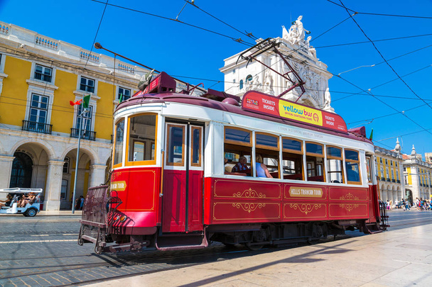 LISBON, PORTUGAL - JUNE 12, 2016: Vintage tram in the city center of Lisbon in a beautiful summer day, Portugal on June 12, 2016 - Fotó, kép