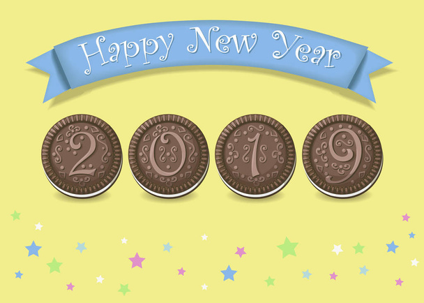 Feliz Año Nuevo 2019. Número de color marrón artístico como galletas de chocolate con crema blanca. Fondo amarillo con estrellas. Banner azul con texto blanco. Ilustración vectorial
 - Vector, Imagen