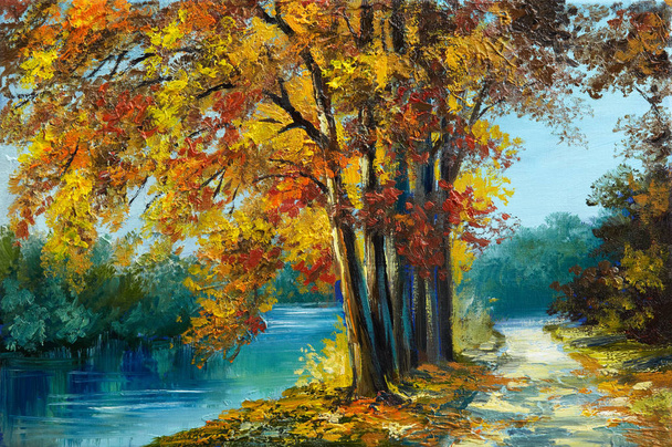 Obraz olejny pejzaż - jesień las w pobliżu rzeki, pomarańczowy liści, dzieła sztuki - Zdjęcie, obraz