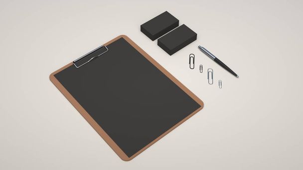 Clipboard with black sheet of paper, business cards, paper clips and automatic ballpoint pen on white background. Branding mockup. 3D rendering illustration. - 写真・画像
