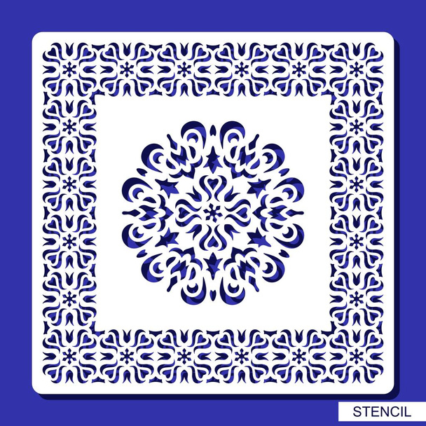 Stencil round ornament and square border. Carved mandala contour in arabesque style. Circular pattern and frame silhouette. Template for laser cutting, paper cut and printing. Vector illustration. - Vector, Image