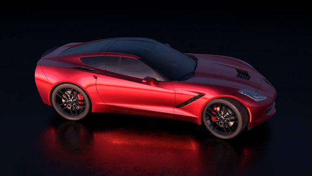 rechte Seitenansicht eines schönen roten Sportwagens mit amerikanischem Design auf dunklem Hintergrund - Foto, Bild