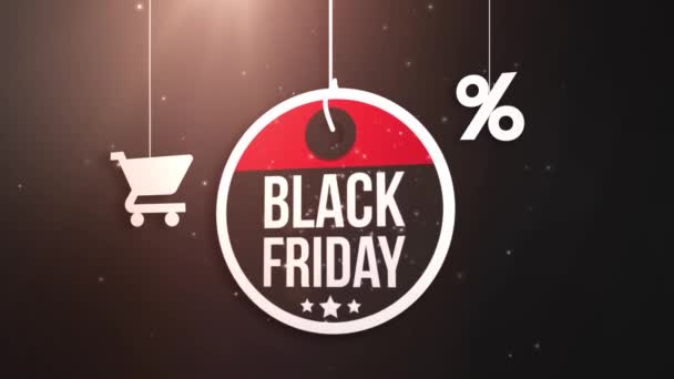 letrero de viernes negro colgando de la cadena con carrito de compras y por ciento icono
 - Metraje, vídeo